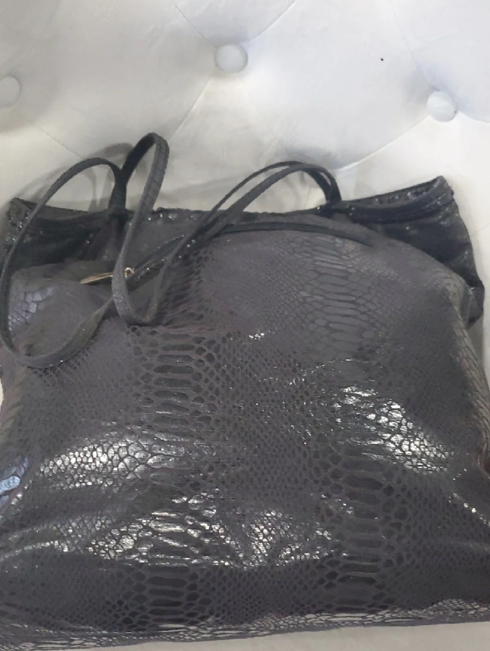 Cache Black Faux Snakeskin Tote with Long Shoulder Straps